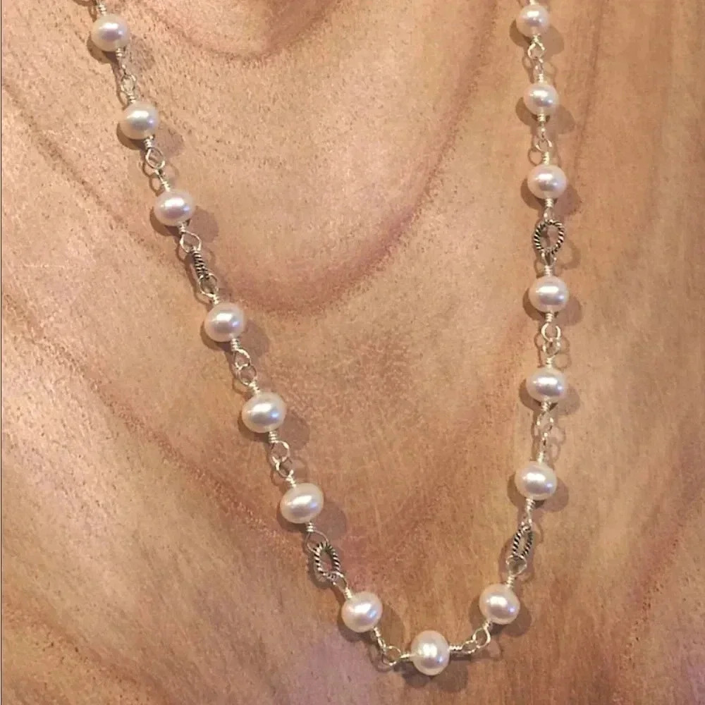 Pearl Necklace, Wired Wrapped With Sterling Silver, Bali Silver Oxidized Ring